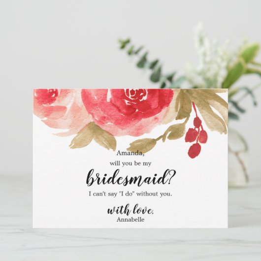 Rood Waterverf Roos bruiloft is mijn Bridesmaid Kaart (Staand voorkant)
