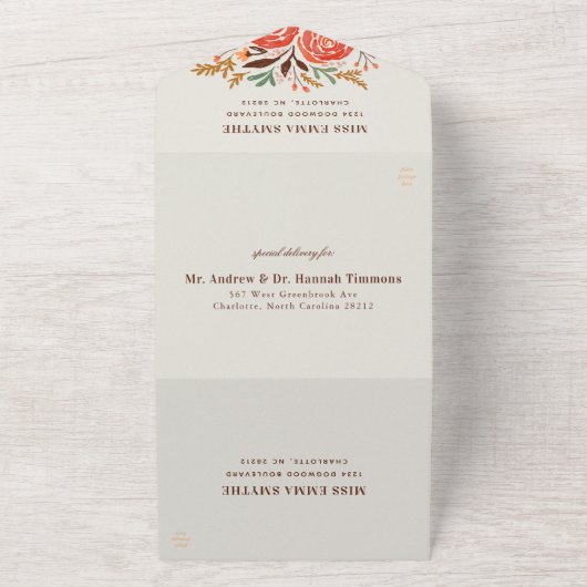 Rood Waterverf Rozen feest All In One Uitnodiging (Buitenkant)