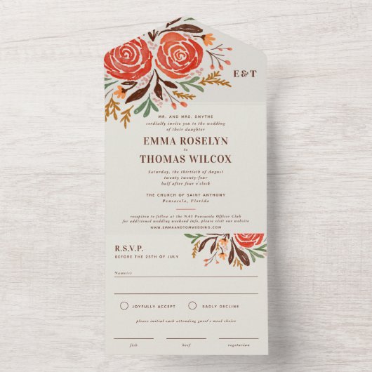 Rood Waterverf Rozen feest All In One Uitnodiging (Binnen)