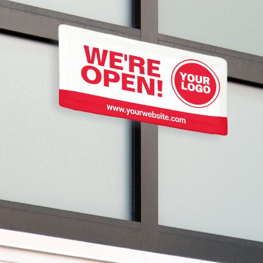 Rood we zijn open sjabloon business banner teken (Buitenkant Gebouw)