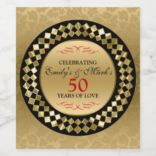 Rood wervelt gouden diamanten wijn etiket (Enkel label)