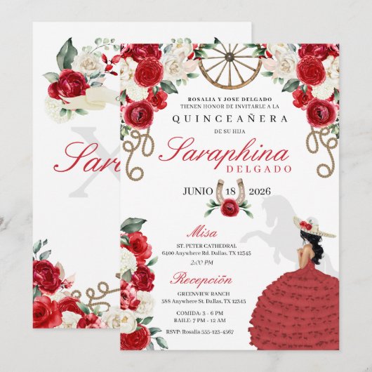 Rood Western Cowgirl Laarzen & Rozen Quinceañera Kaart (Voorkant / Achterkant)