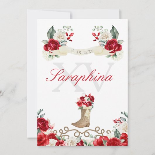 Rood Western Cowgirl Touwen & Rozen Quinceañera Kaart (Achterkant)