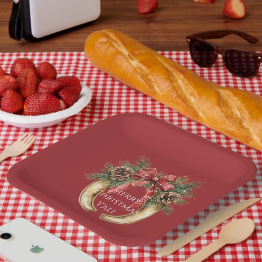 Rood Western Goud Hoefijzer Kerst Pine Kegels Papieren Bordje (Picknick)