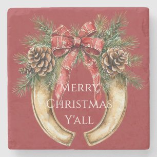 Rood Western Goud Hoefijzer Kerst Pine Kegels Stenen Onderzetter