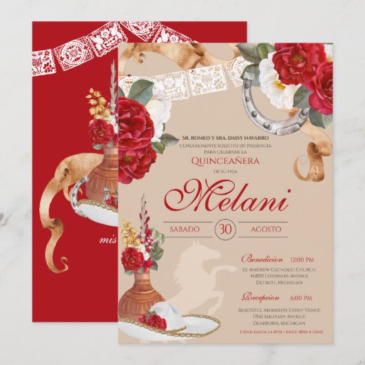 Rood Western Roos Charro Ranchero Quinceanera Kaart (Voorkant / Achterkant)