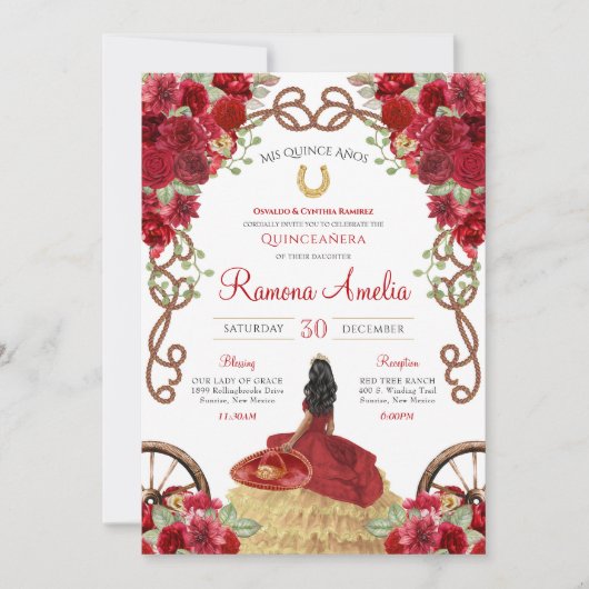 Rood Western Rustiek Bloemen Charra Quinceanera Kaart (Voorkant)
