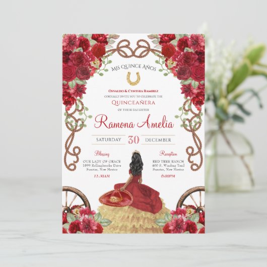 Rood Western Rustiek Bloemen Charra Quinceanera Kaart (Staand voorkant)