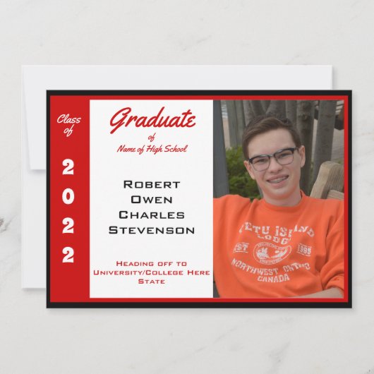 Rood White Black Foto Afstuderen Aankondiging (Voorkant)