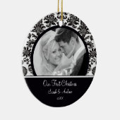 Rood & White Damask Foto Eerste kerstversiering Keramisch Ornament (Rechts)