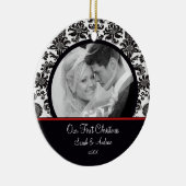 Rood & White Damask Foto Eerste kerstversiering Keramisch Ornament (Rechts)