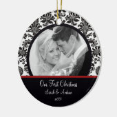Rood & White Damask Foto Eerste kerstversiering Keramisch Ornament (Links)