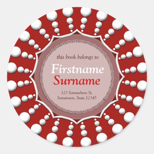 Rood+White Stippen Cirkelbookplaat Etiket sticker (Voorkant)