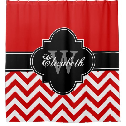Rood Wht LG Chevron Zwart 1ICBR Naam Monogram Douchegordijn (Voorkant)