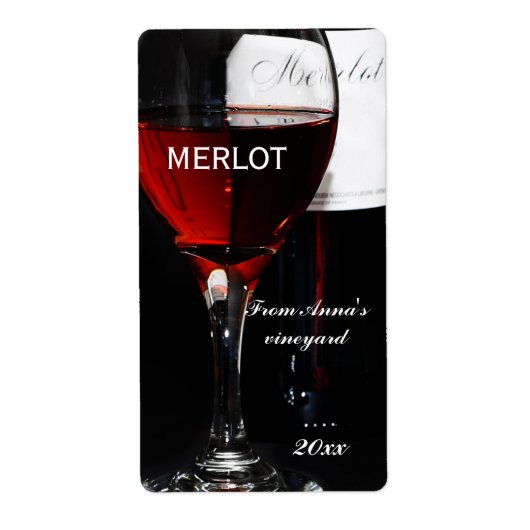 Rood wijnglas en Merlot fles Etiket (Voorkant)