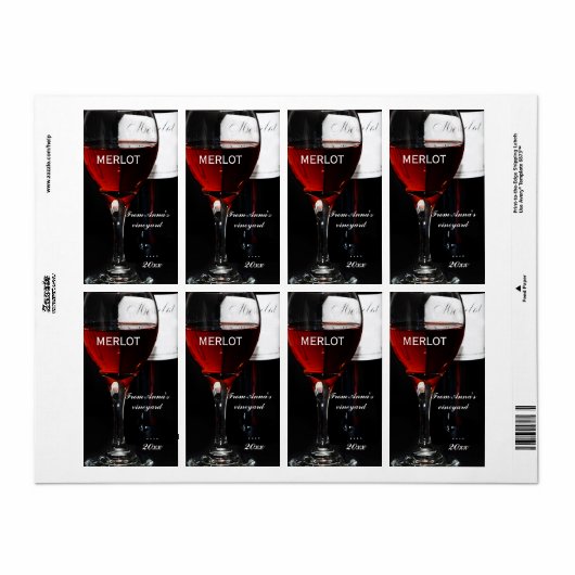 Rood wijnglas en Merlot fles Etiket (Full Sheet)