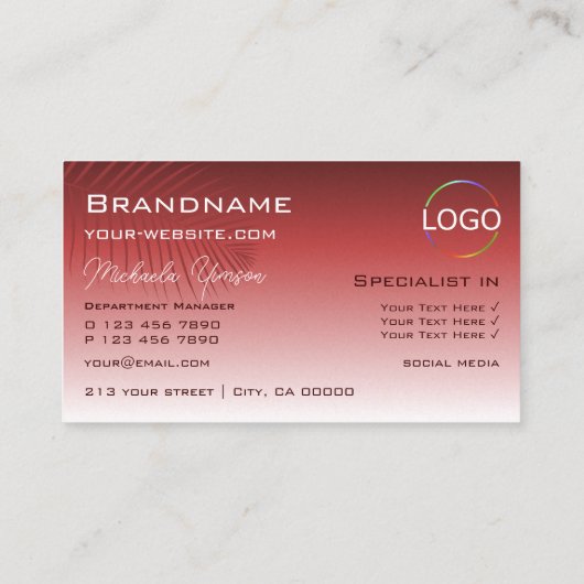 Rood wijngradiënt met palmleder monogram en Logo Visitekaartje (Achterkant)