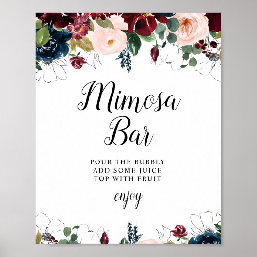 rood-wijnrode bloem bruidsshower mimosa bar bord poster (Voorkant)
