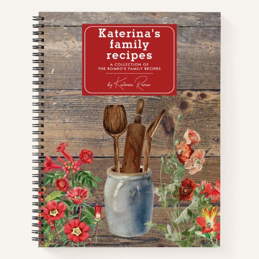 Rood Wildbloemen Hout Keukengerei Recept Notitieboek (Voorkant)