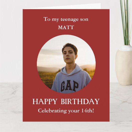 Rood wit 14e foto Birthday-kaart, zoon, GROOT Kaart (Voorkant)