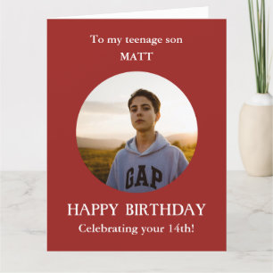Rood wit 14e foto Birthday-kaart, zoon, GROOT Kaart