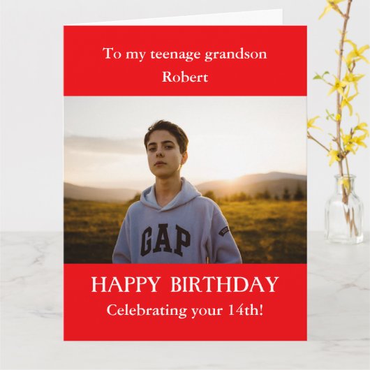 Rood wit 14e Foto geboortedag, Grandson, GROOT Kaart (Gele Bloem)