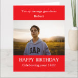 Rood wit 14e Foto geboortedag, Grandson, GROOT Kaart<br><div class="desc">Wil je een Foto Birthday-kaart voor kleinzoon kopen van grootmoeder en grootvader, oma en opa? Voor de leeftijd van 14. VOEG de LEEFTIJD toe aan de kaart van je tienerkleinzoon. OM HET EVEN WELKE LEEFTIJD - 13, 15, 16, 17, 18. GROTE rode en witte kaart. Voeg RELATIE van uw keuze...</div>