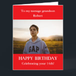 Rood wit 14e Foto geboortedag, Grandson, GROOT Kaart<br><div class="desc">Wil je een Foto Birthday-kaart voor kleinzoon kopen van grootmoeder en grootvader, oma en opa? Voor de leeftijd van 14. VOEG de LEEFTIJD toe aan de kaart van je tienerkleinzoon. OM HET EVEN WELKE LEEFTIJD - 13, 15, 16, 17, 18. GROTE rode en witte kaart. Voeg RELATIE van uw keuze...</div>