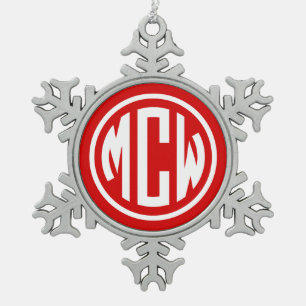 Rood Wit 3 Initiaal Circle Monogram Lettertype DIY Tin Sneeuwvlok Ornament