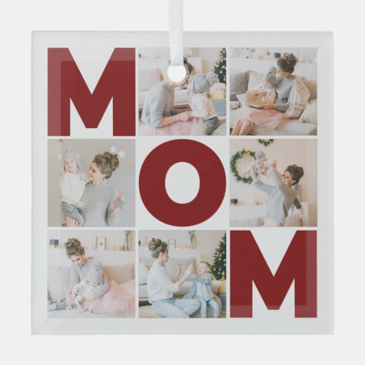 Rood & wit 6 Foto Collage Mam Glas Ornament (Voorkant)