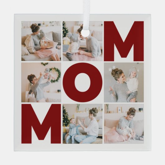 Rood & wit 6 Foto Collage Mam Glas Ornament (Achterkant)