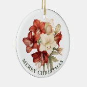Rood & Wit Amaryllis op Wit Vrolijk Kerstfeest Keramisch Ornament (Rechts)
