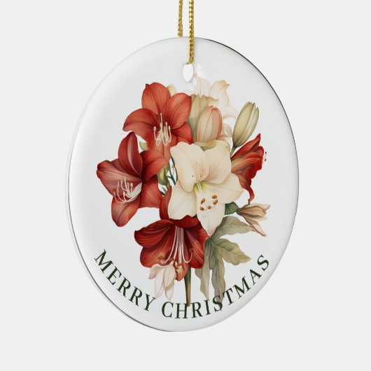 Rood & Wit Amaryllis op Wit Vrolijk Kerstfeest Keramisch Ornament (Rechts)