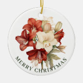 Rood & Wit Amaryllis op Wit Vrolijk Kerstfeest Keramisch Ornament (Voorkant)