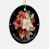 Rood & Wit Amaryllis op Zwart Vrolijk Kerstfeest Keramisch Ornament (Rechts)