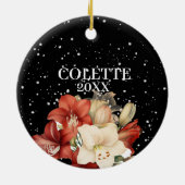 Rood & Wit Amaryllis op Zwart Vrolijk Kerstfeest Keramisch Ornament (Achterkant)