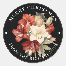 Rood & Wit Amaryllis op Zwart Vrolijk Kerstfeest Ronde Sticker