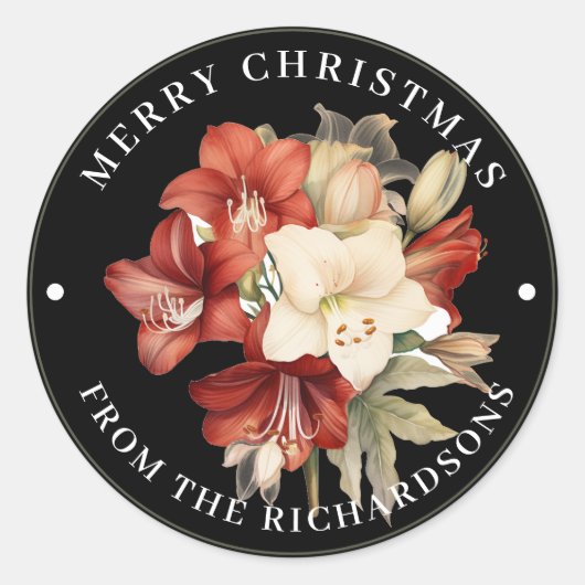 Rood & Wit Amaryllis op Zwart Vrolijk Kerstfeest Ronde Sticker (Voorkant)