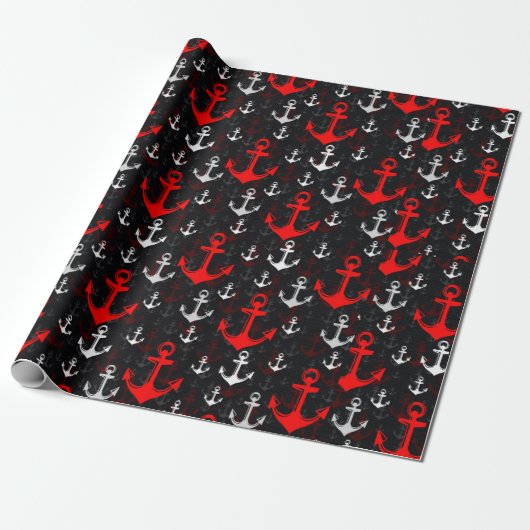 Rood wit anker met zwarte achtergrond cadeaupapier (Uitgerold)