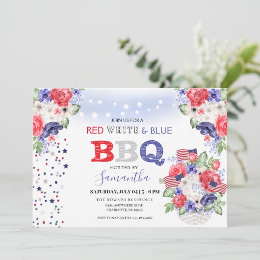 Rood Wit & Blauw 4 juli BBQ Uitnodiging (Staand voorkant)