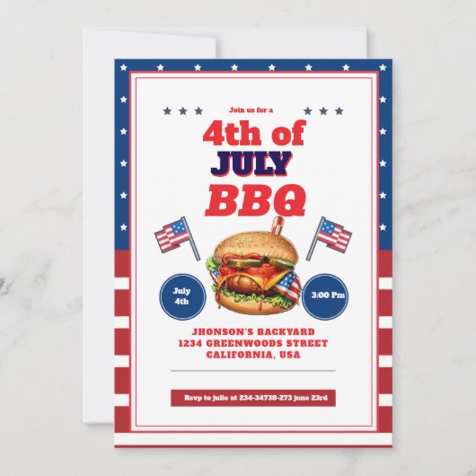 Rood Wit Blauw 4 juli Zomer Picknick Uitnodiging (Voorkant)