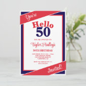Rood Wit & Blauw 50ste verjaardag Uitnodiging (Staand voorkant)