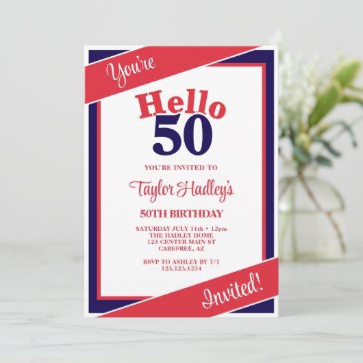 Rood Wit & Blauw 50ste verjaardag Uitnodiging (Staand voorkant)