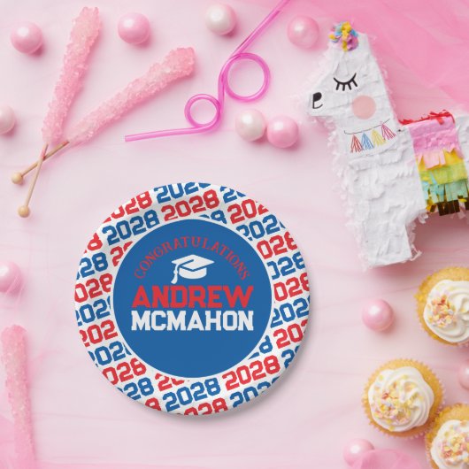 Rood, Wit & Blauw Afstuderen Gepersonaliseerd Papieren Bordje (Feest)