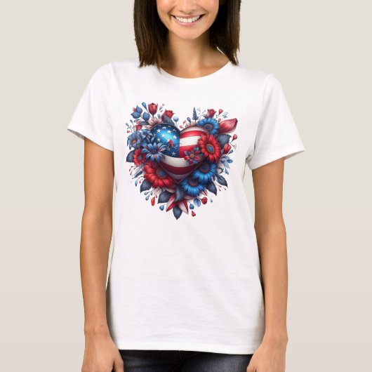 Rood, Wit & Blauw Amerikaans Hart 4 juli T-shirt (Voorkant)