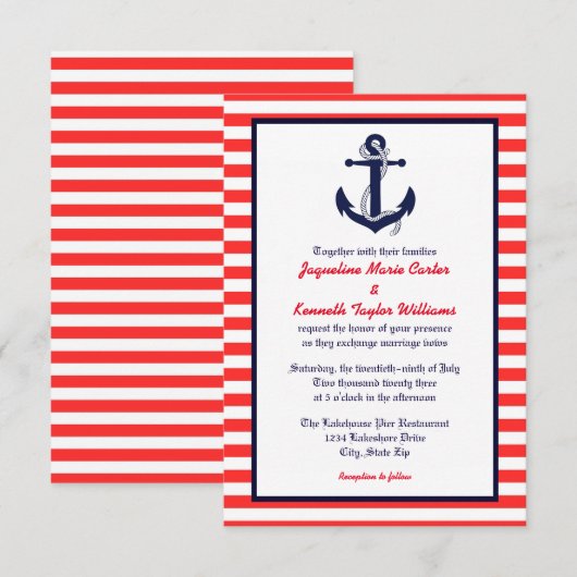 Rood Wit & Blauw Anker - 3x5 Huwelijksuitnodiging Kaart (Voorkant / Achterkant)