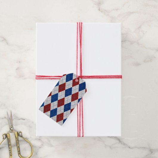 Rood, Wit, Blauw Argyle 4 Juli Glitter Cadeaulabel (Met Touw)