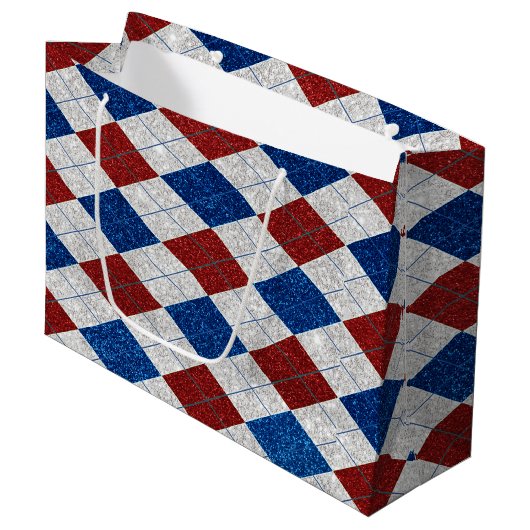 Rood, Wit, Blauw Argyle 4 Juli Glitter Groot Cadeauzakje (Voorkant Gekanteld)