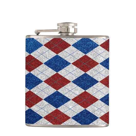 Rood, Wit, Blauw Argyle 4 Juli Glitter Heupfles (Voorkant)
