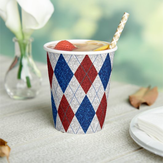 Rood, Wit & Blauw Argyle 4 Juli Glitter Papieren Bekers (Insitu)
